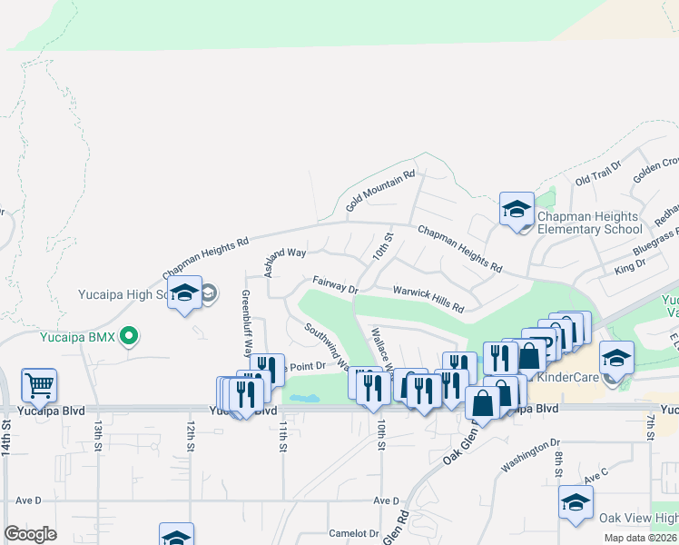 map of restaurants, bars, coffee shops, grocery stores, and more near 11804 La Costa Court in Yucaipa