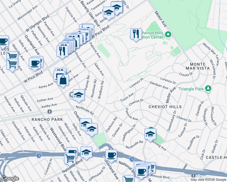 map of restaurants, bars, coffee shops, grocery stores, and more near 10542 Butterfield Road in Los Angeles
