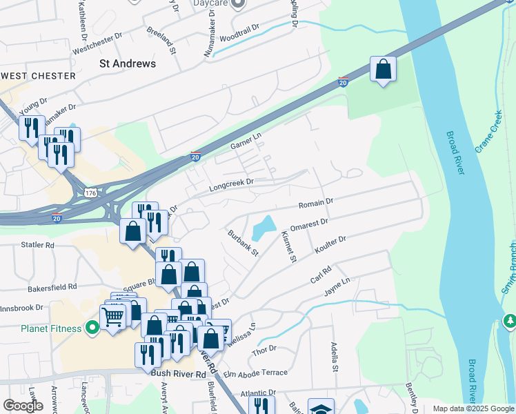 map of restaurants, bars, coffee shops, grocery stores, and more near 1535 Romain Dr in Columbia