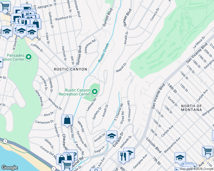 map of restaurants, bars, coffee shops, grocery stores, and more near 37 Haldeman Road in Santa Monica