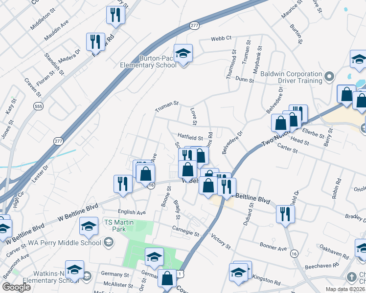map of restaurants, bars, coffee shops, grocery stores, and more near 3103 Scurry Street in Columbia