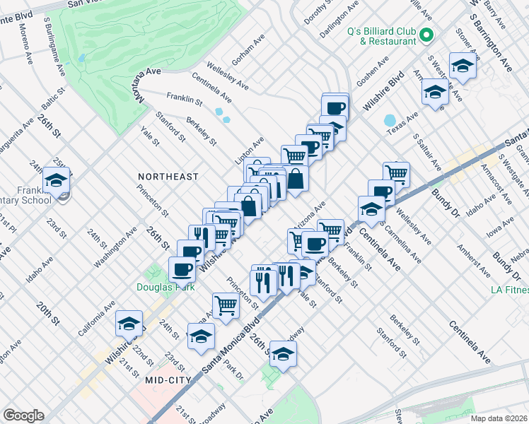 map of restaurants, bars, coffee shops, grocery stores, and more near 3008 Wilshire Boulevard in Santa Monica