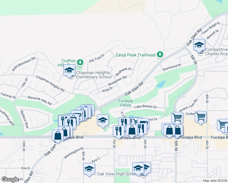 map of restaurants, bars, coffee shops, grocery stores, and more near 33850 Cansler Way in Yucaipa