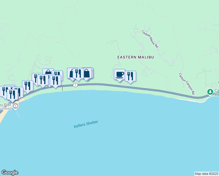 map of restaurants, bars, coffee shops, grocery stores, and more near 22368 California 1 in Malibu