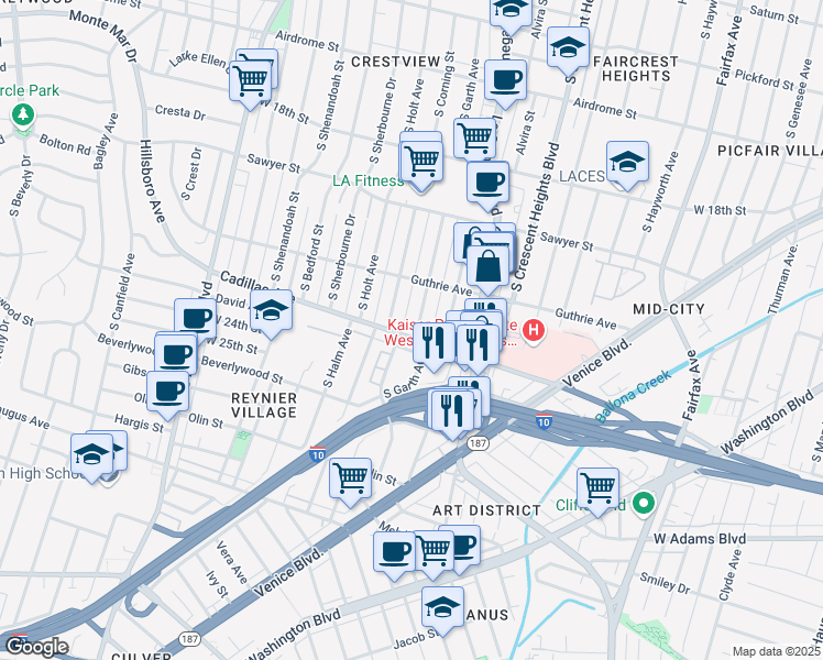 map of restaurants, bars, coffee shops, grocery stores, and more near 2057 South Garth Avenue in Los Angeles