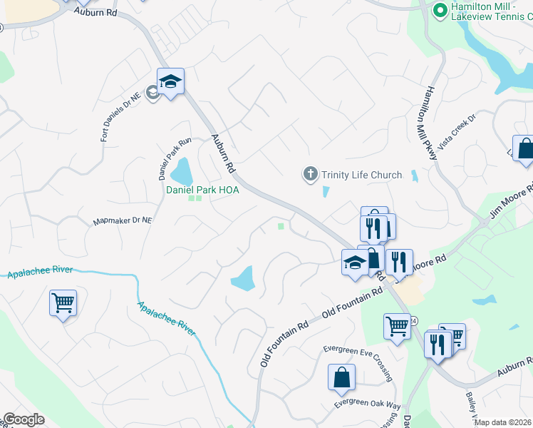 map of restaurants, bars, coffee shops, grocery stores, and more near 3020 Belshire Trail in Dacula