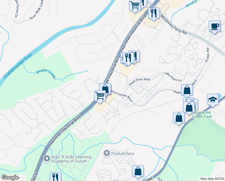 map of restaurants, bars, coffee shops, grocery stores, and more near 1500 Station Center Boulevard in Suwanee