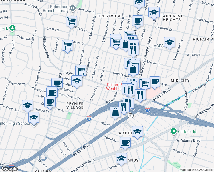 map of restaurants, bars, coffee shops, grocery stores, and more near Cadillac Avenue in Los Angeles