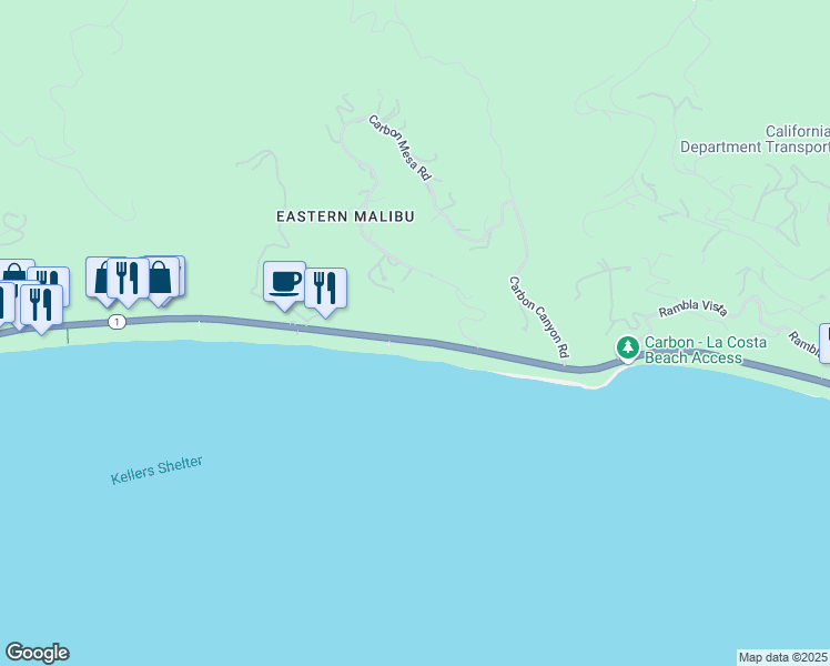 map of restaurants, bars, coffee shops, grocery stores, and more near 22065 California 1 in Malibu