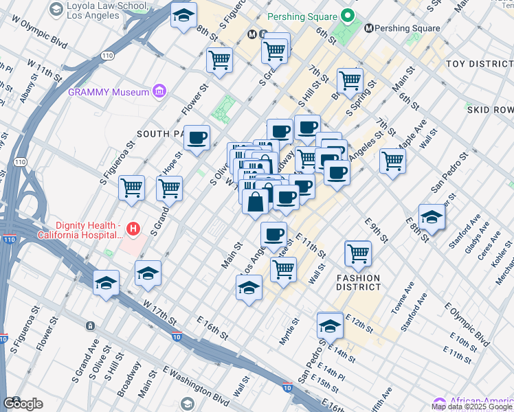 map of restaurants, bars, coffee shops, grocery stores, and more near 110 West 11th Street in Los Angeles