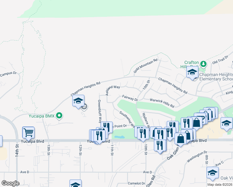 map of restaurants, bars, coffee shops, grocery stores, and more near 11806 Callaway Court in Yucaipa