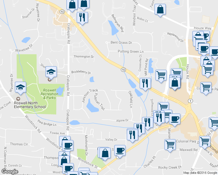 map of restaurants, bars, coffee shops, grocery stores, and more near 1705 Oakfield Lane in Roswell