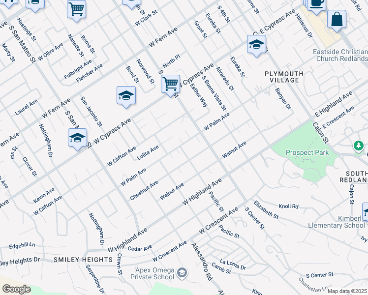 map of restaurants, bars, coffee shops, grocery stores, and more near 805 Pacific Street in Redlands