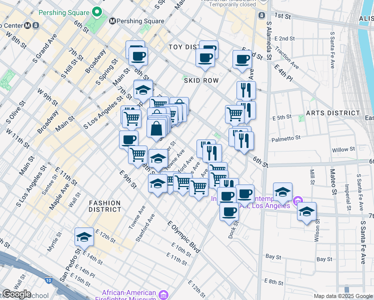map of restaurants, bars, coffee shops, grocery stores, and more near 800 East 7th Street in Los Angeles