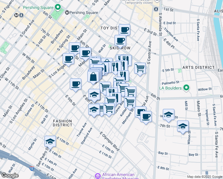 map of restaurants, bars, coffee shops, grocery stores, and more near 800 East 7th Street in Los Angeles