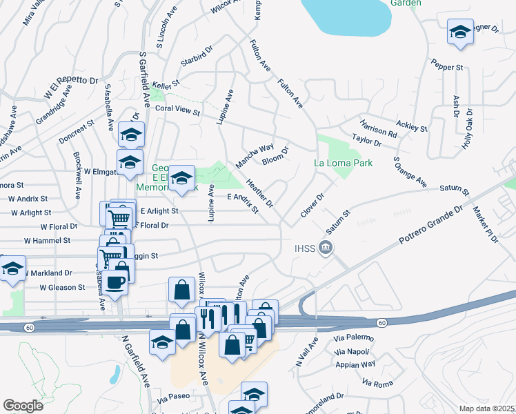 map of restaurants, bars, coffee shops, grocery stores, and more near 369 East Andrix Street in Monterey Park