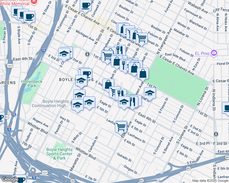 map of restaurants, bars, coffee shops, grocery stores, and more near East 3rd Street & South Saratoga Street in Los Angeles