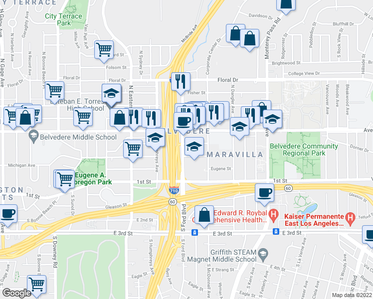 map of restaurants, bars, coffee shops, grocery stores, and more near 316 North Ford Boulevard in Los Angeles