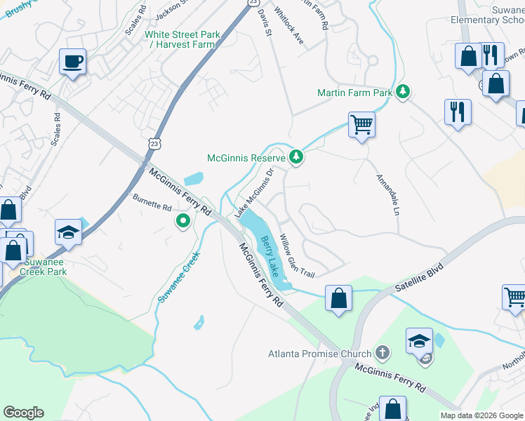 map of restaurants, bars, coffee shops, grocery stores, and more near 3574 Willow Glen Trail in Suwanee