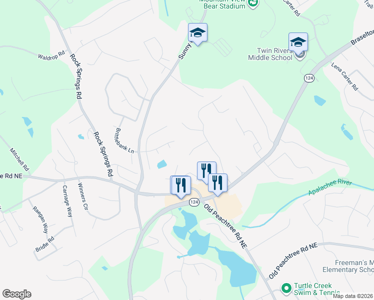 map of restaurants, bars, coffee shops, grocery stores, and more near 1954 Firelight Lane in Buford