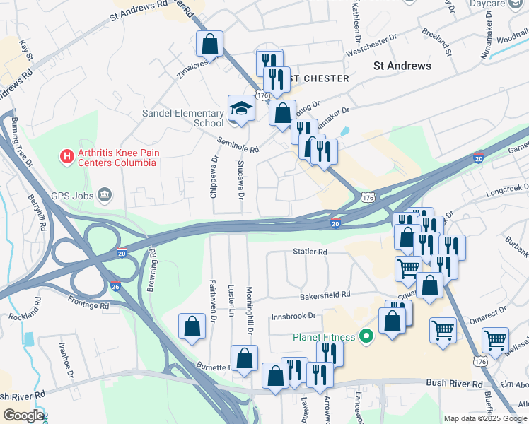 map of restaurants, bars, coffee shops, grocery stores, and more near 721 Old Manor Road in Columbia