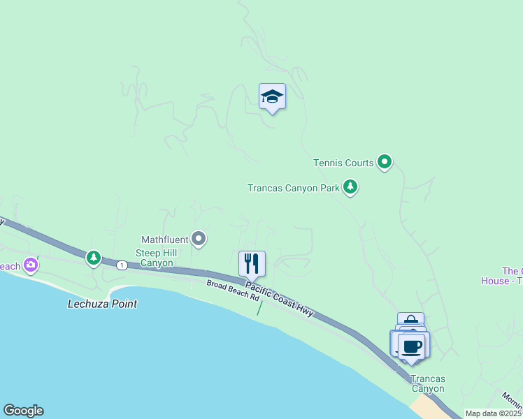 map of restaurants, bars, coffee shops, grocery stores, and more near 31271 Bailard Road in Malibu