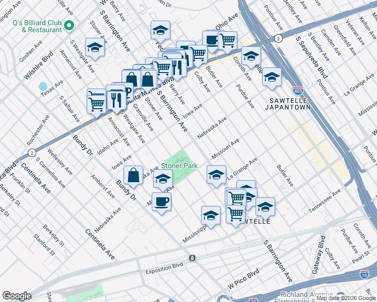 map of restaurants, bars, coffee shops, grocery stores, and more near 11728 Nebraska Avenue in Los Angeles