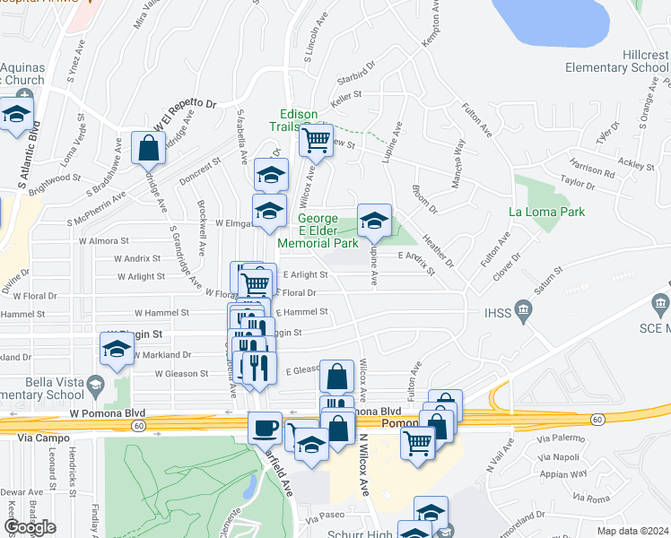 map of restaurants, bars, coffee shops, grocery stores, and more near 201 East Arlight Street in Monterey Park