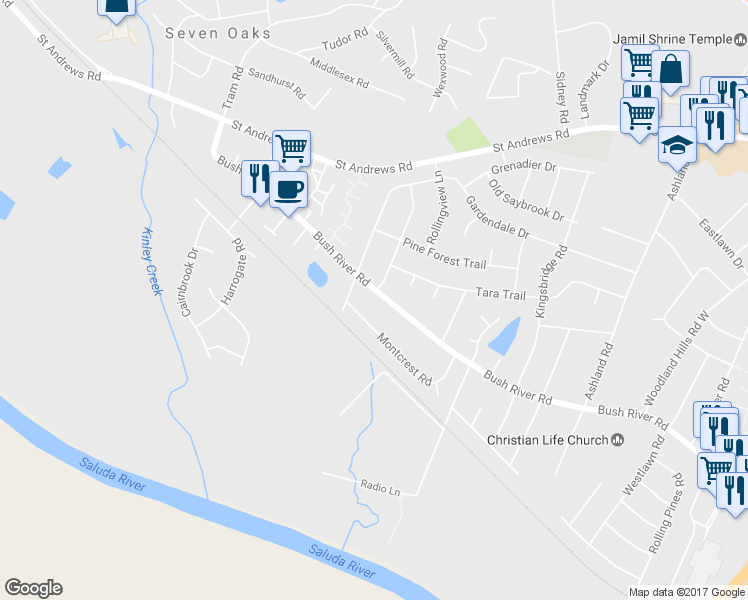 map of restaurants, bars, coffee shops, grocery stores, and more near 3402 Bush River Road in Columbia
