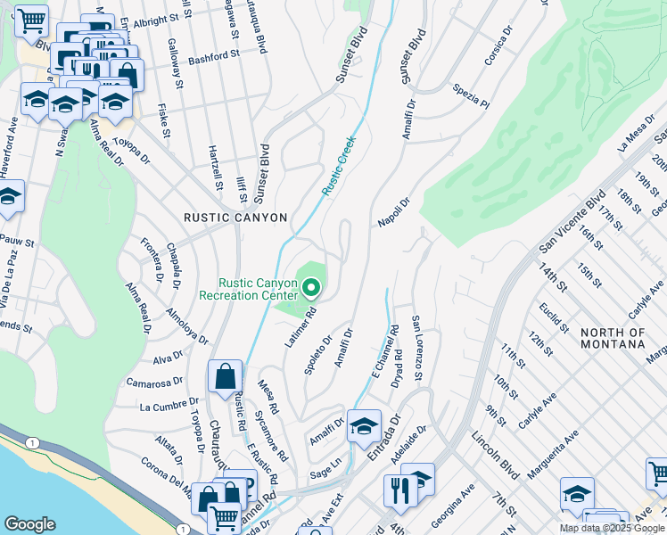 map of restaurants, bars, coffee shops, grocery stores, and more near 7 Latimer Road in Santa Monica