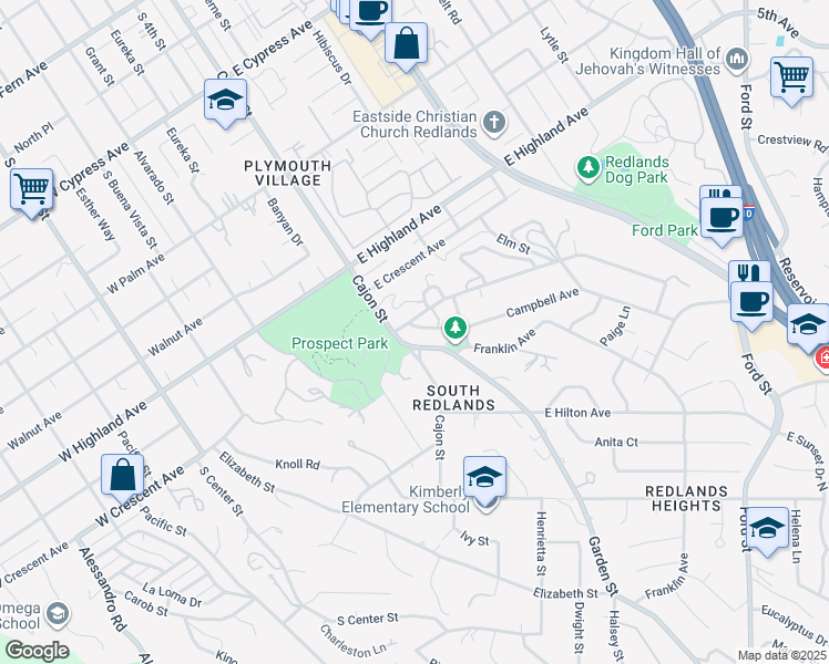 map of restaurants, bars, coffee shops, grocery stores, and more near 12 Campbell Avenue in Redlands