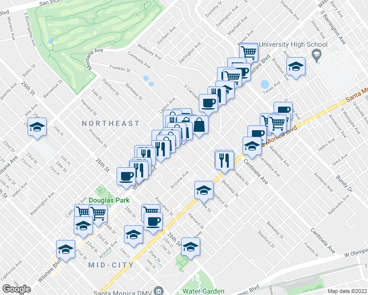 map of restaurants, bars, coffee shops, grocery stores, and more near 3020 Wilshire Boulevard in Santa Monica