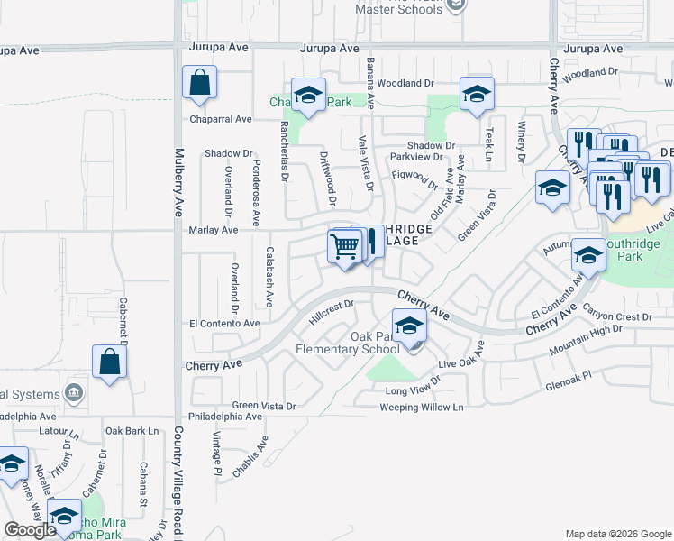 map of restaurants, bars, coffee shops, grocery stores, and more near 14046 Bluewood Drive in Fontana