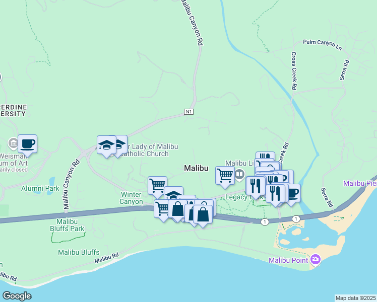 map of restaurants, bars, coffee shops, grocery stores, and more near 23825 Stuart Ranch Road in Malibu