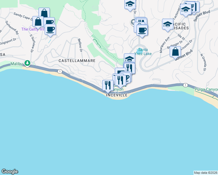 map of restaurants, bars, coffee shops, grocery stores, and more near 17412 Posetano Road in Los Angeles