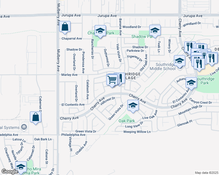 map of restaurants, bars, coffee shops, grocery stores, and more near 14053 Bluewood Drive in Fontana