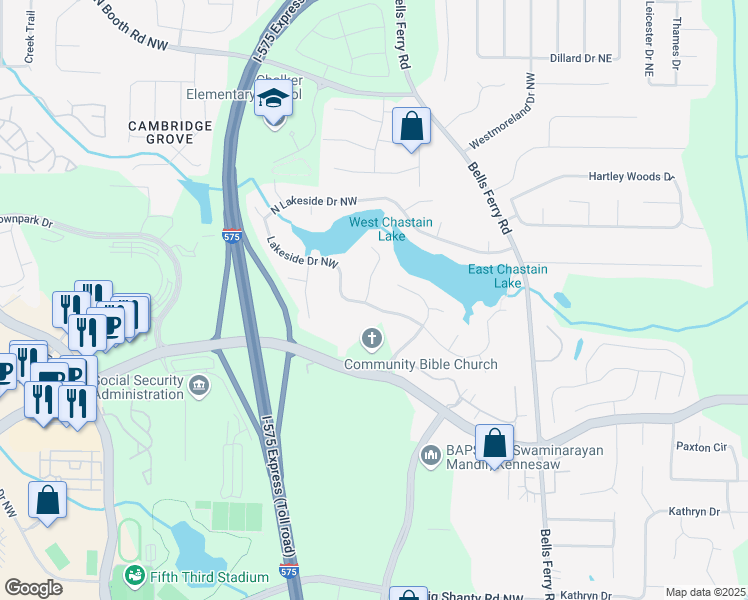 map of restaurants, bars, coffee shops, grocery stores, and more near 170 Lakeside Drive Northwest in Kennesaw