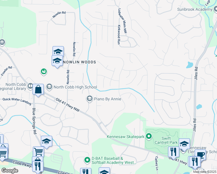 map of restaurants, bars, coffee shops, grocery stores, and more near 3036 Donamire Court Northwest in Kennesaw