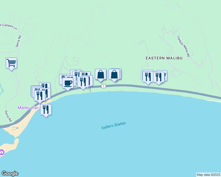 map of restaurants, bars, coffee shops, grocery stores, and more near 22548 Pacific Coast Highway in Malibu