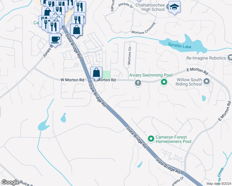 map of restaurants, bars, coffee shops, grocery stores, and more near 4880 Camberbridge Drive in Alpharetta