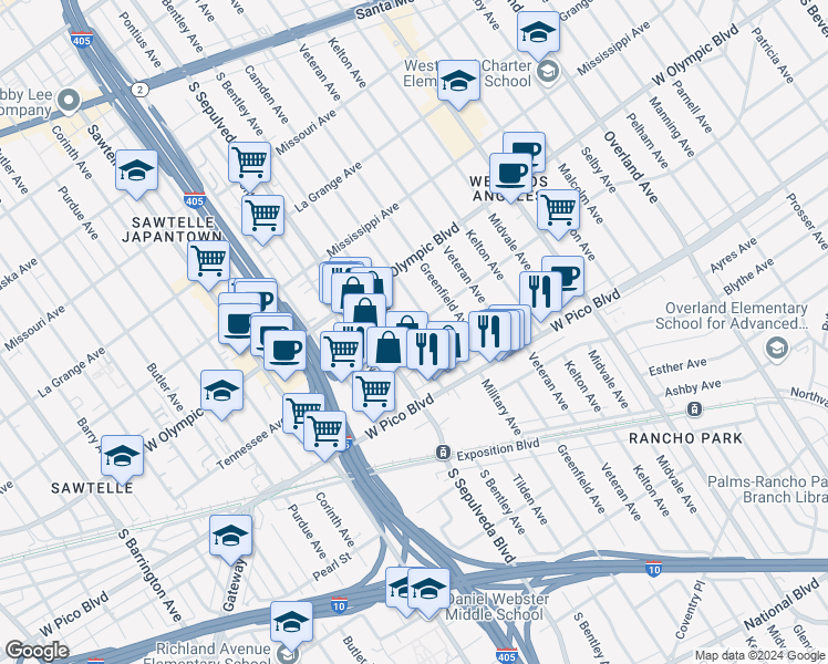 map of restaurants, bars, coffee shops, grocery stores, and more near 2300 South Bentley Avenue in Los Angeles