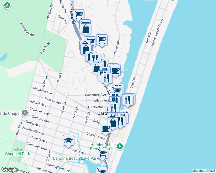 map of restaurants, bars, coffee shops, grocery stores, and more near 201-205 Winner Avenue in Carolina Beach