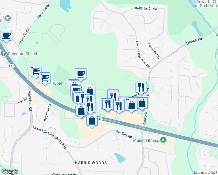 map of restaurants, bars, coffee shops, grocery stores, and more near 4460 Celebration Boulevard in Acworth