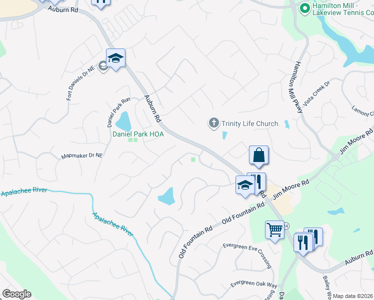 map of restaurants, bars, coffee shops, grocery stores, and more near 3020 Belshire Trail in Dacula
