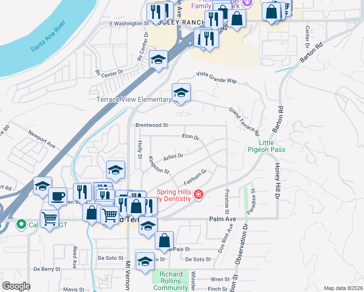 map of restaurants, bars, coffee shops, grocery stores, and more near 11806 Arliss Way in Grand Terrace