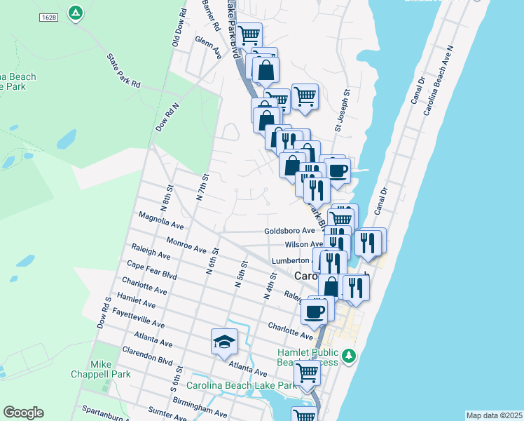 map of restaurants, bars, coffee shops, grocery stores, and more near 402 Ivy Lane in Carolina Beach