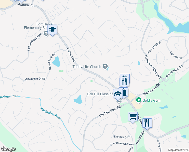 map of restaurants, bars, coffee shops, grocery stores, and more near 1446 Belfaire Trce in Dacula