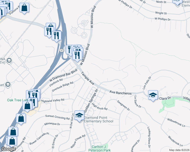 map of restaurants, bars, coffee shops, grocery stores, and more near 11 El Dorado Court in Pomona