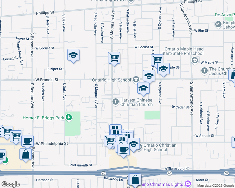 map of restaurants, bars, coffee shops, grocery stores, and more near 1051 West Francis Street in Ontario