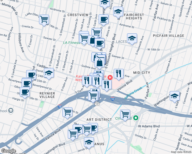 map of restaurants, bars, coffee shops, grocery stores, and more near 2043 S La Cienega Blvd in Los Angeles